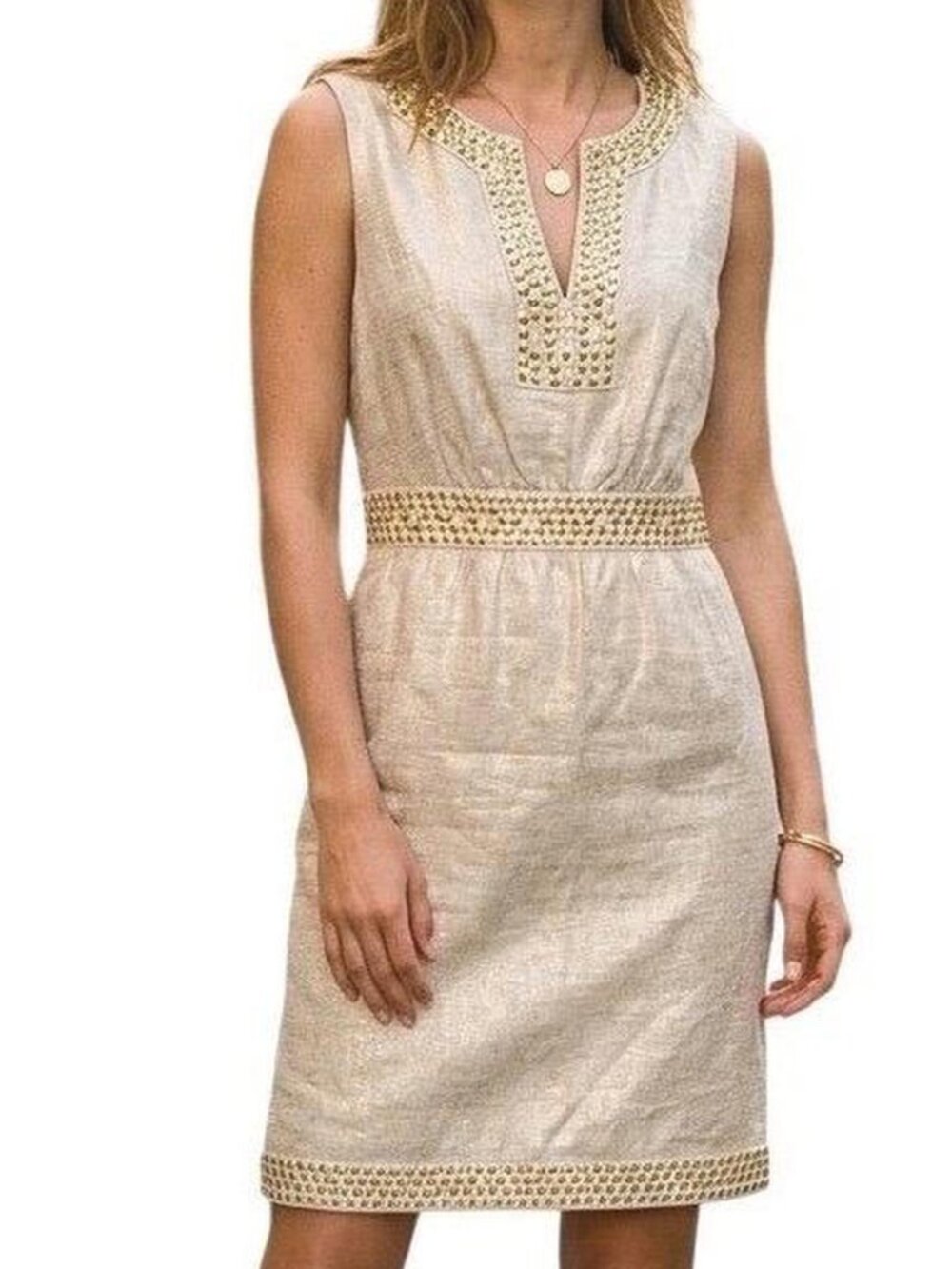 Kate Spade Gold Metallic 100% Linen Studded Embellished Shift Dress Size 4